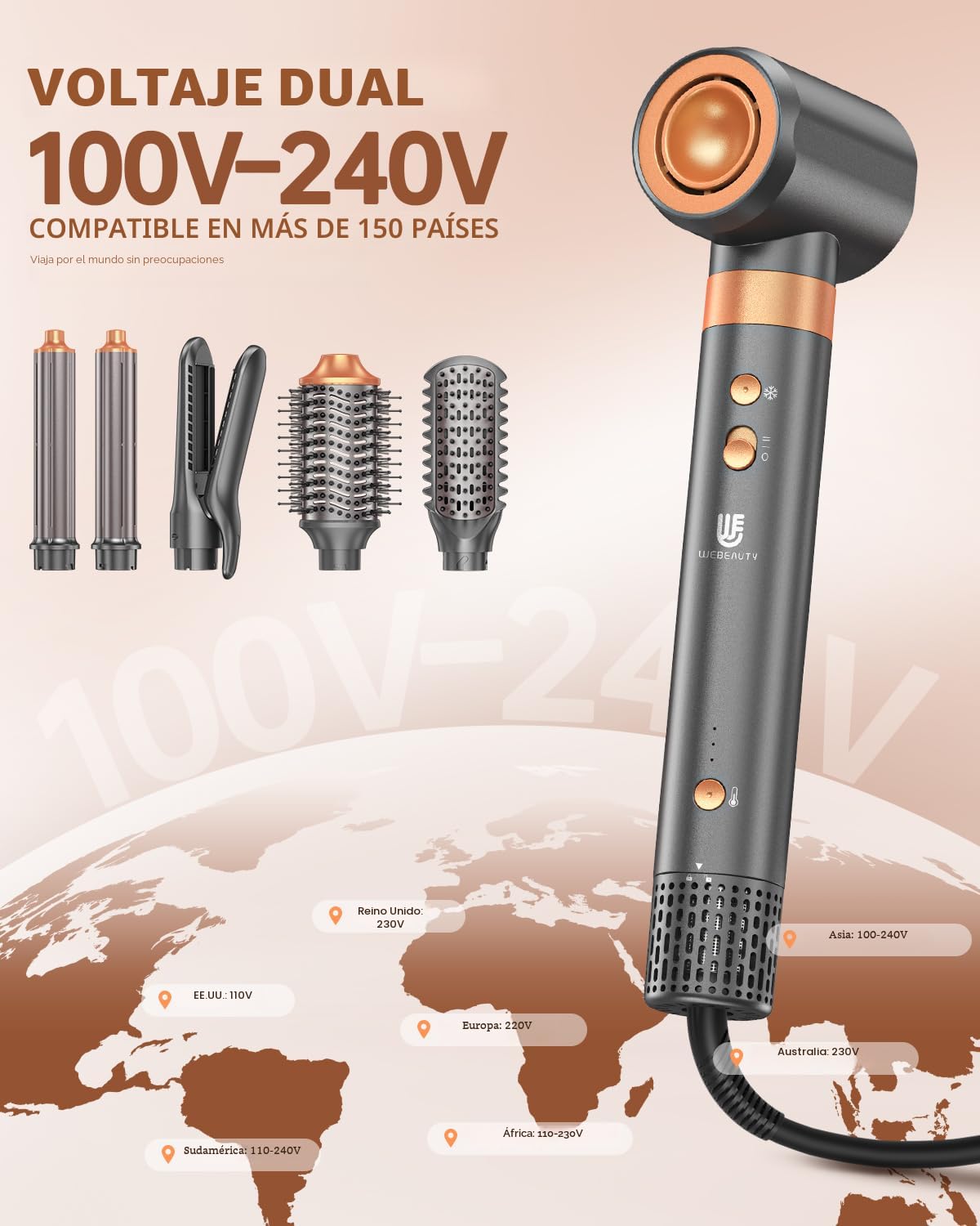 Amazon.com: Cepillo secador de pelo, doble voltaje 7 en 1 aire
